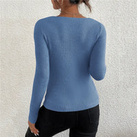 VAIGE Autumn Winter Solid Rib Knit V Neck Stripe Pullover Sweater Long Sleeve Casual Jersey Top