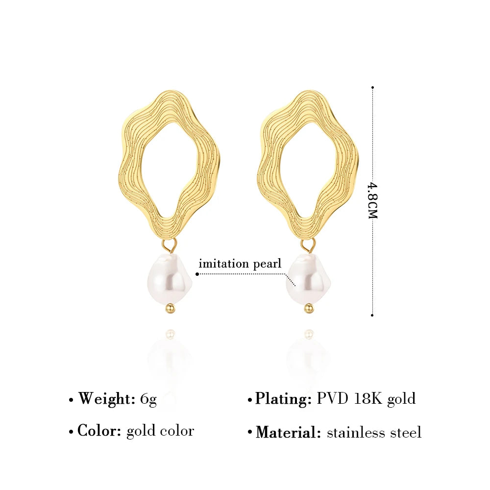 VAIGE Irregular Stainless Steel Drop Earrings with 18K Gold Plating and Baroque Pearl Charm - Luxury Waterproof Jewelry