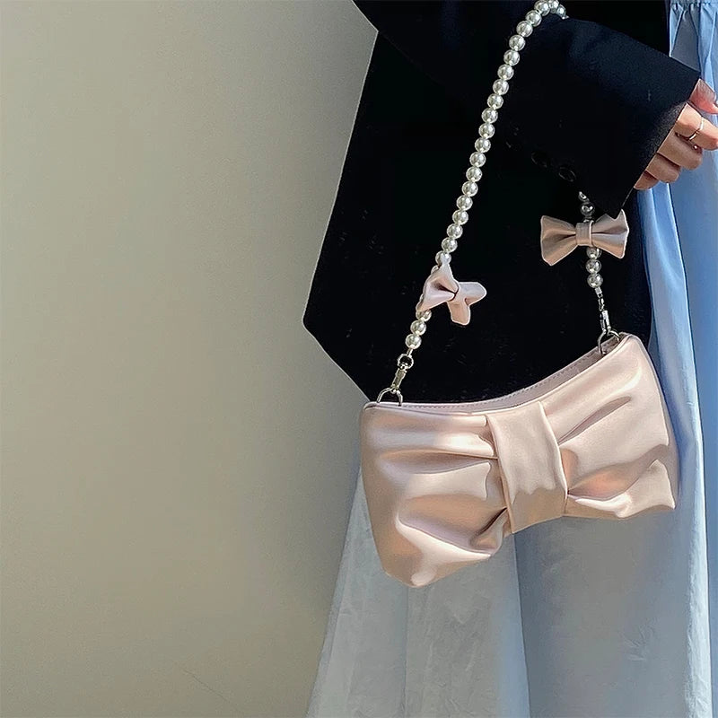 VAIGE Soft PU Leather Pearl Bow Shoulder Bag - Small Pink Clutch Purse with Zipper Closure