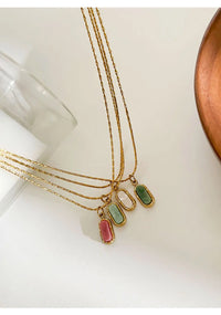 VAIGE Dainty Natural Stone Green White Red Oval Pendant Necklace Stainless Steel