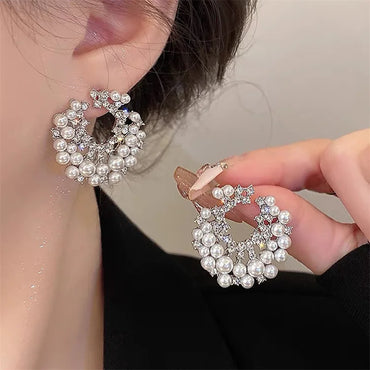 VAIGE Starry Asymmetrical Floral Crystal and Pearl Stud Earrings in Elegant Silver and Gold