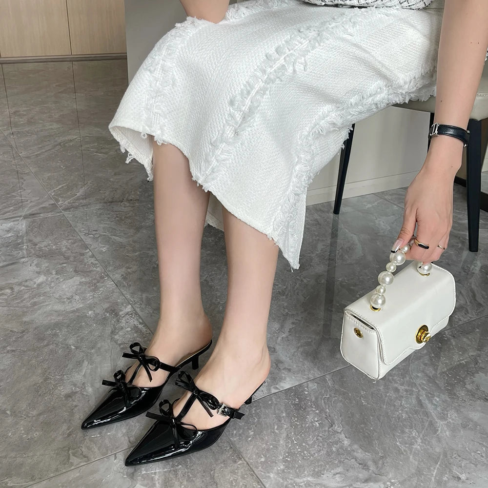 VAIGE Casual Slip-On Mules with Pointed Toe, Bow Design, Patent Leather Upper, Low Thin Heels, Available in Black, White, Pink, Sizes 35-39