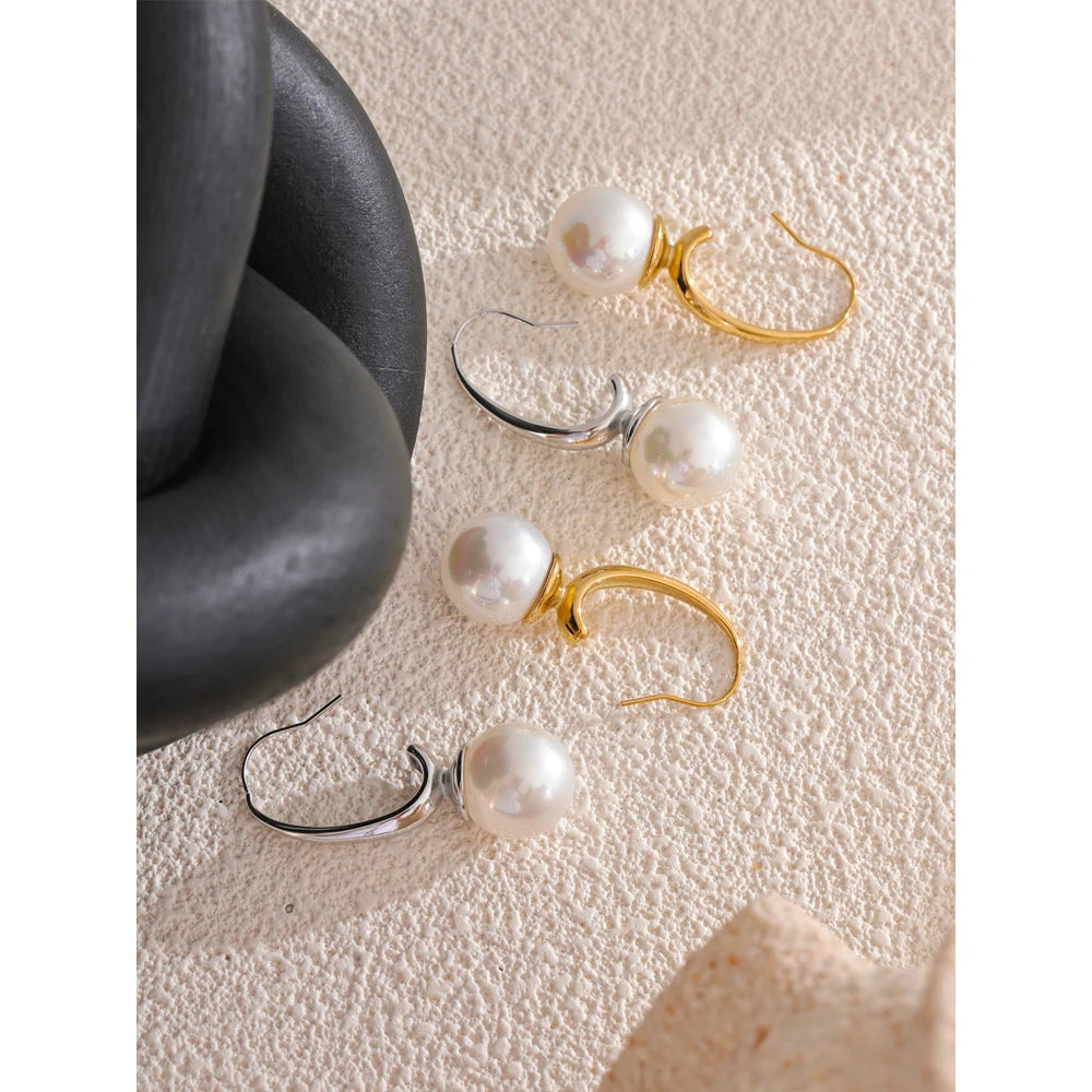 VAIGE Classic Fashion Imitation Pearl Hoop Earrings in Stainless Steel - Allergy-Free Daily Wear Jewelry Gift