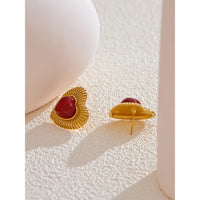 Red Stone Agate Stainless Steel Stylish Heart Stud Earrings