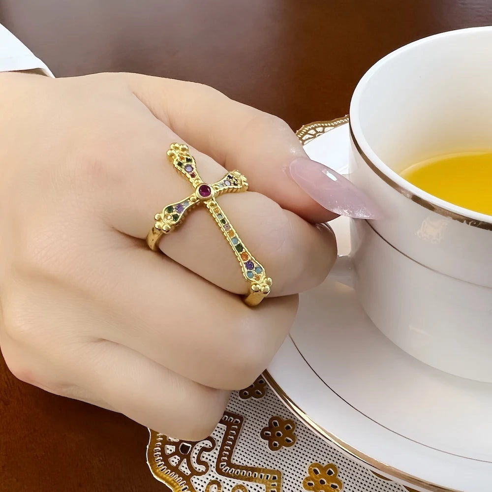 VAIGE Victorian Vintage Colorful Gold & Silver Cross Cocktail Ring in Multicolor Zircon