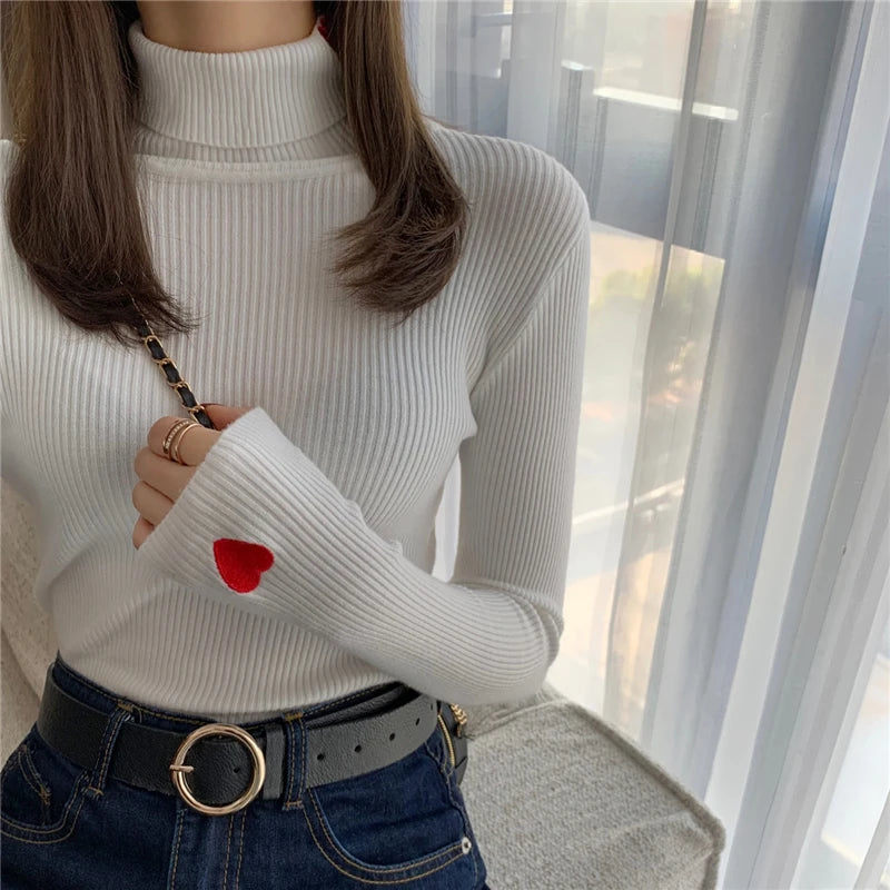 VAIGE Heart Embroidery Turtleneck Knitted Sweater - Ribbed Pullover for Autumn and Winter