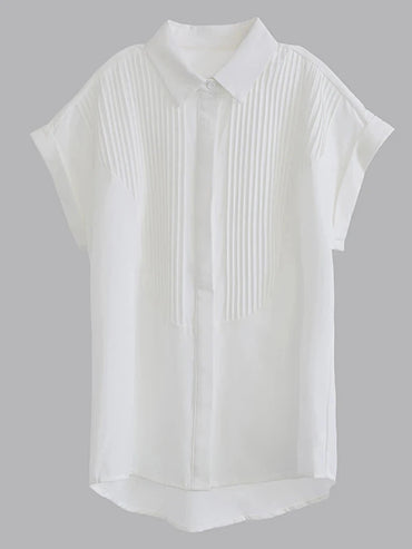 VAIGE Summer White Blouse with Flying Sleeves and Turn-Down Collar, Single-Breasted Button-Up, Casual Style, Polyester Material, Regular Fit