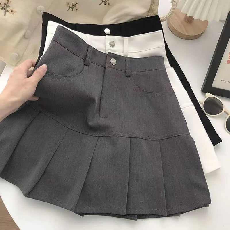 VAIGE High Waist Pleated Mini Skirt in Black, White, Gray, and Khaki - Cotton and Polyester Blend, Available in S/M/L/XL, Slim A-Line Style for All Seasons