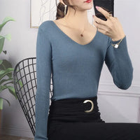 VAIGE Autumn Winter Solid Rib Knit V Neck Stripe Pullover Sweater Long Sleeve Casual Jersey Top