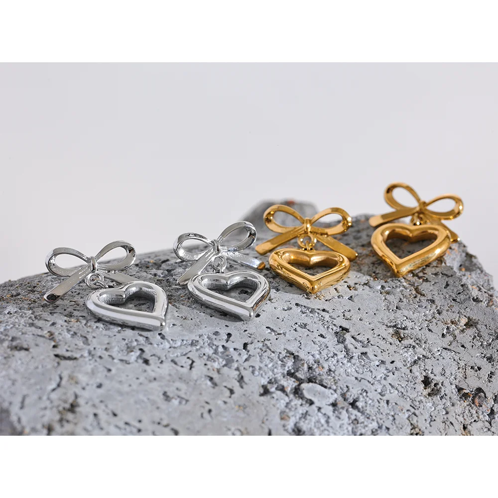 VAIGE Elegant Gold Bow Heart Dangle Earrings in Stainless Steel