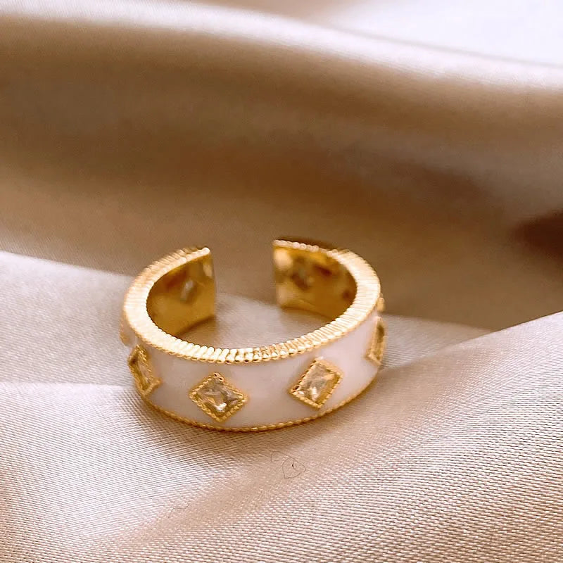 VAIGE Chic Gold Adjustable Ring with White Enamel & Sparkling Zircon