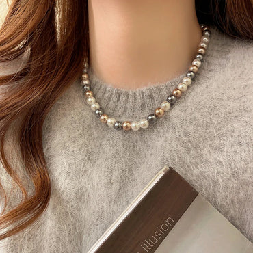 VAIGE Elegant Mixed Color Pearl Beaded Necklace - Classic Copper Alloy Pendant Chain for Stylish Accessories