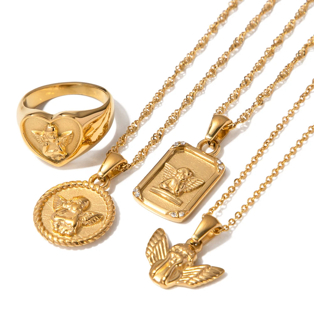 VAIGE Vintage Waterproof Stainless Steel Angel Series Necklace - 18K Gold Plated, Rust Proof, Daily Stylish Jewelry