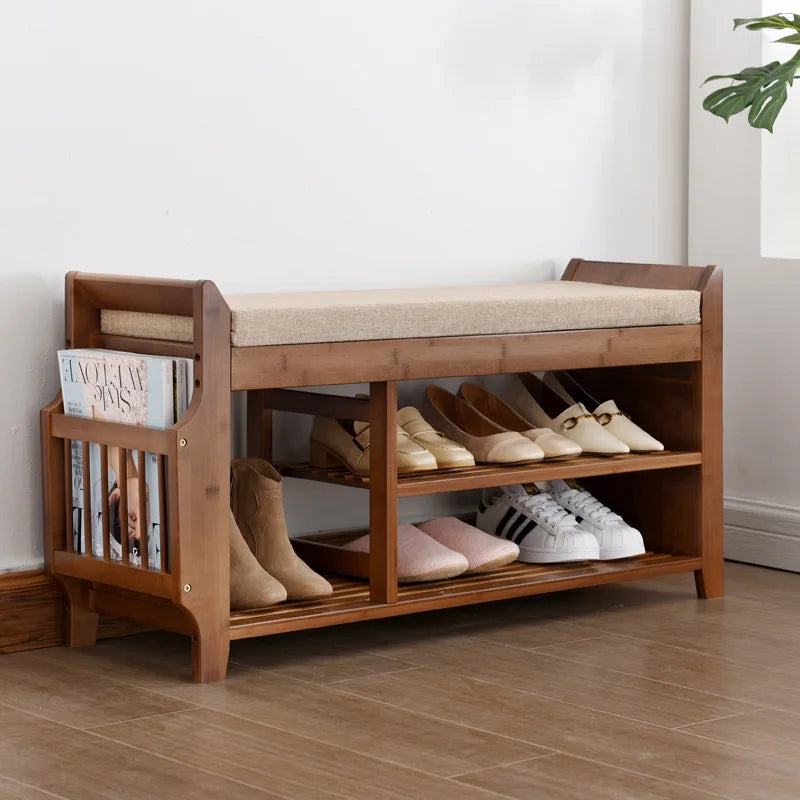 VAIGE Double Layer Cushioned Shoe Storage Bench - Wooden Living Room Organizer for Entryway and Hallway