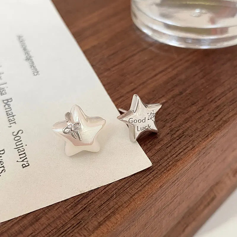 VAIGE Creative Asymmetric Shell Star Stud Earrings in 925 Sterling Silver with Pearl and Light Luxury Bow Design