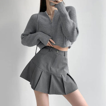 VAIGE High Waist Pleated Mini Skirt in Black, White, Gray, and Khaki - Cotton and Polyester Blend, Available in S/M/L/XL, Slim A-Line Style for All Seasons