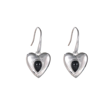 VAIGE Elegant Silver Heart Drop Earrings with Black Stone Accents