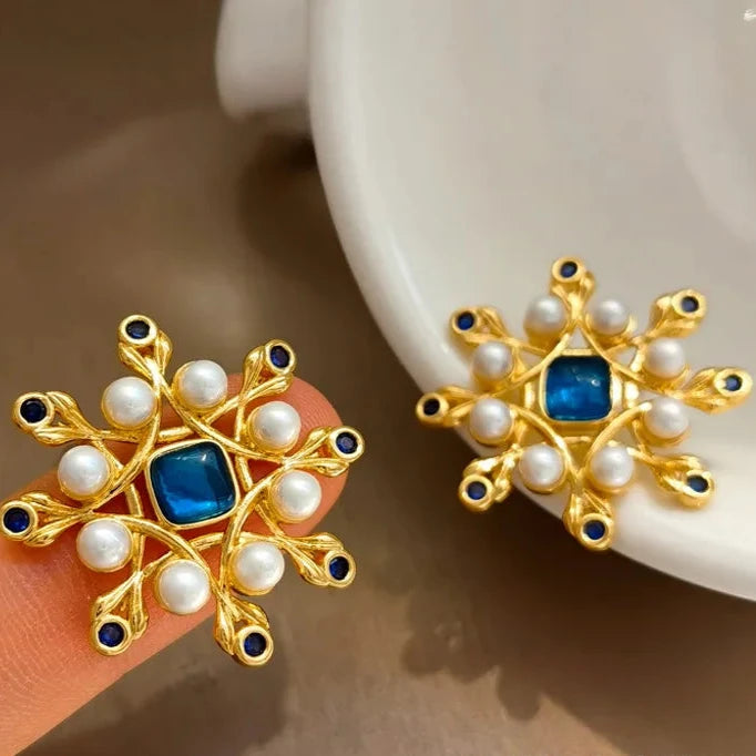 VAIGE Elegant Vintage Blue Pearl Blossom Earrings