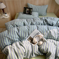 VAIGE Blue Stripe Cotton Duvet Cover 150x200 Queen Size, Skin-Friendly and Breathable Comforter Set, Japanese Style