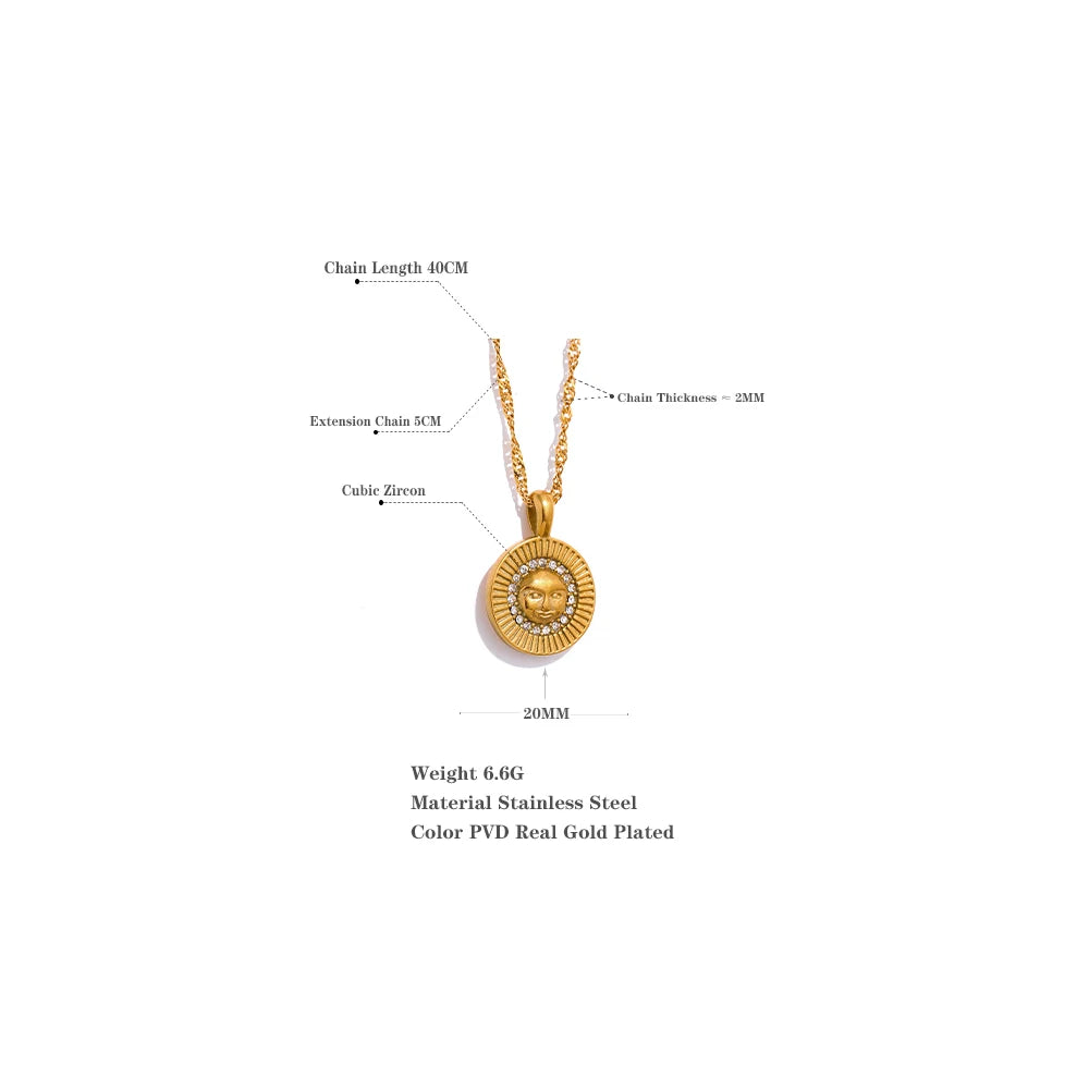 VAIGE Golden Sun Portrait Zircon Stainless Steel Twist Chain Round Pendant Necklace