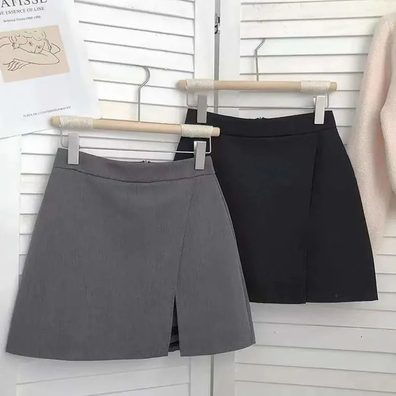 VAIGE A-Line High Waist Mini Skirt in Black and Gray with Split Design - Available in S/M/L/XL/XXL - Comfortable Cotton-Polyester Blend for Casual and Office Wear