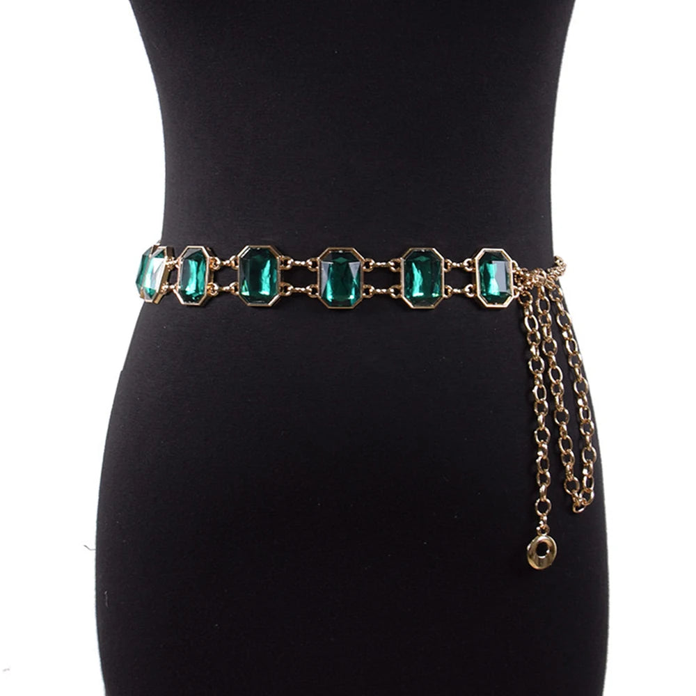 VAIGE Elegant Crystal-Embellished Metal Chain Belt in Silver & Gold