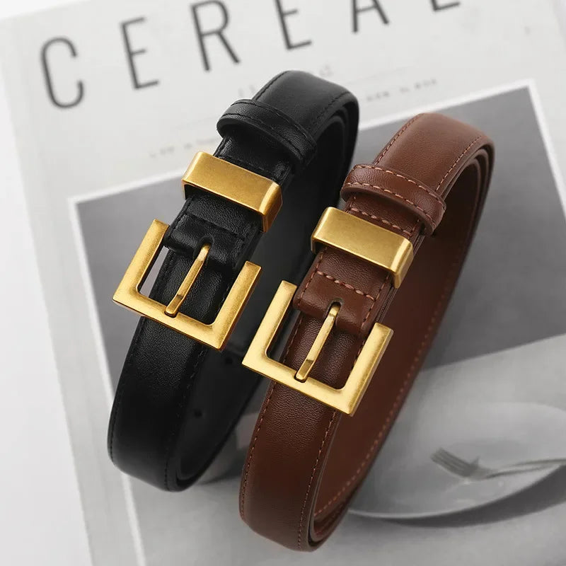 VAIGE Elegant Black Leather Square Gold Buckle Belt