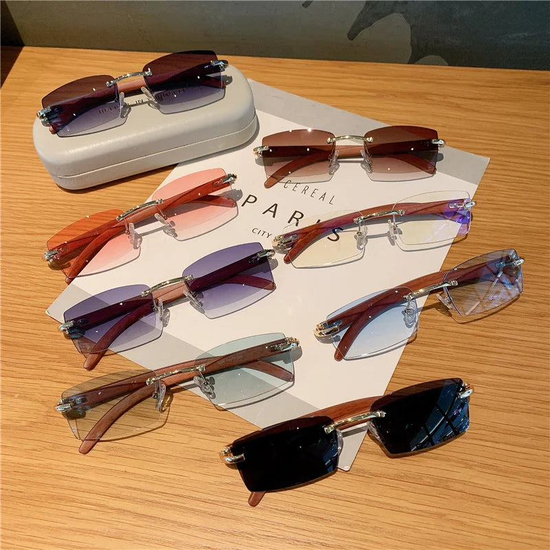 VAIGE Stylish Rimless Sunglasses with Unique Wooden Pattern - UV400 Protection