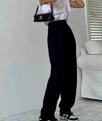 VAIGE Khaki Wide Leg Classic Baggy Trousers - High Waist Full Length Polyester Office Pants with Button and Pockets