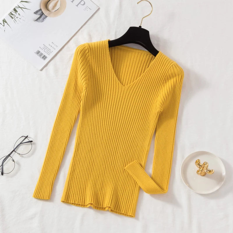 VAIGE Casual Knitted V Neck Pullover Sweater - Long Sleeve, Solid Jersey Top, High Stretch Cotton-Polyester Blend for Autumn/Winter