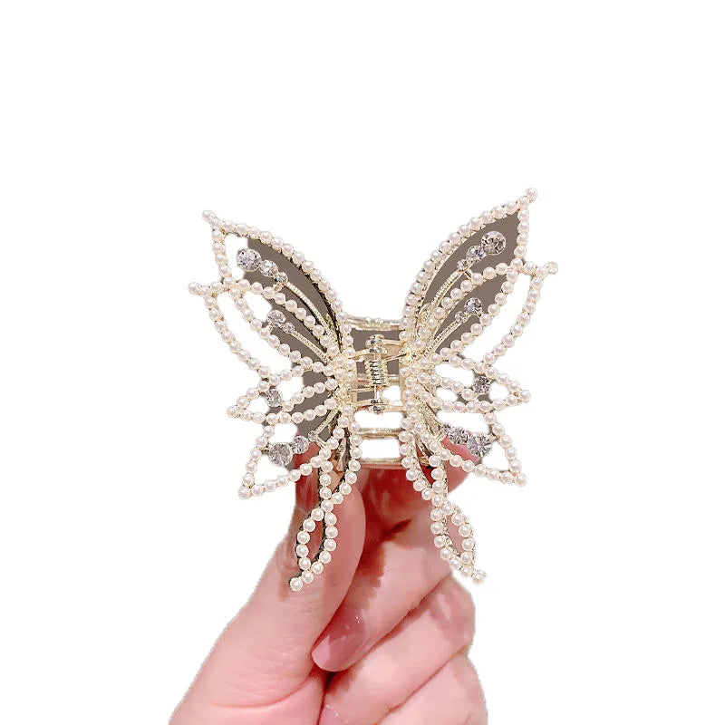 VAIGE Elegant Butterfly Zirconia & White Bead Hair Claw Clips in Gold and Silver