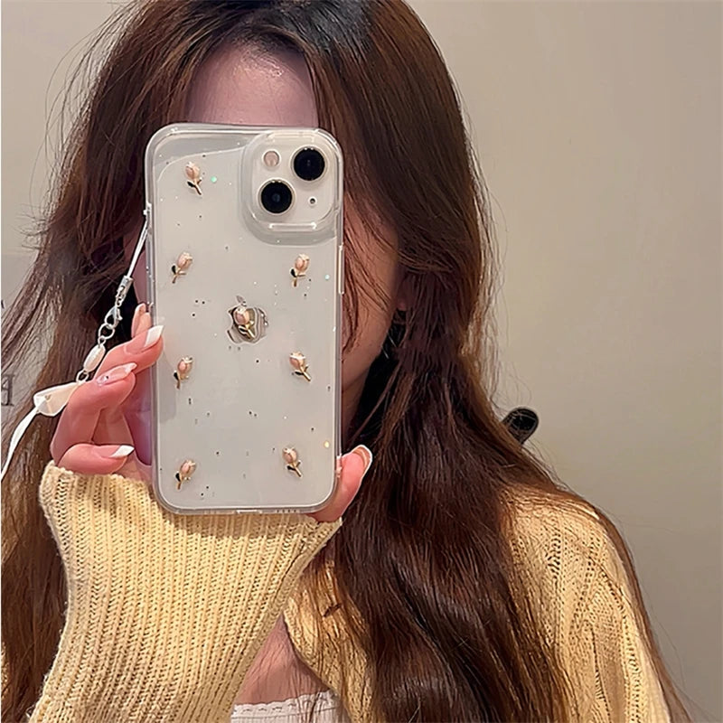 VAIGE Transparent Floral Epoxy Tulip Phone Case - Shockproof Protective Cover for iPhone 15, 14, 13 Series - Lightweight and Dustproof Design