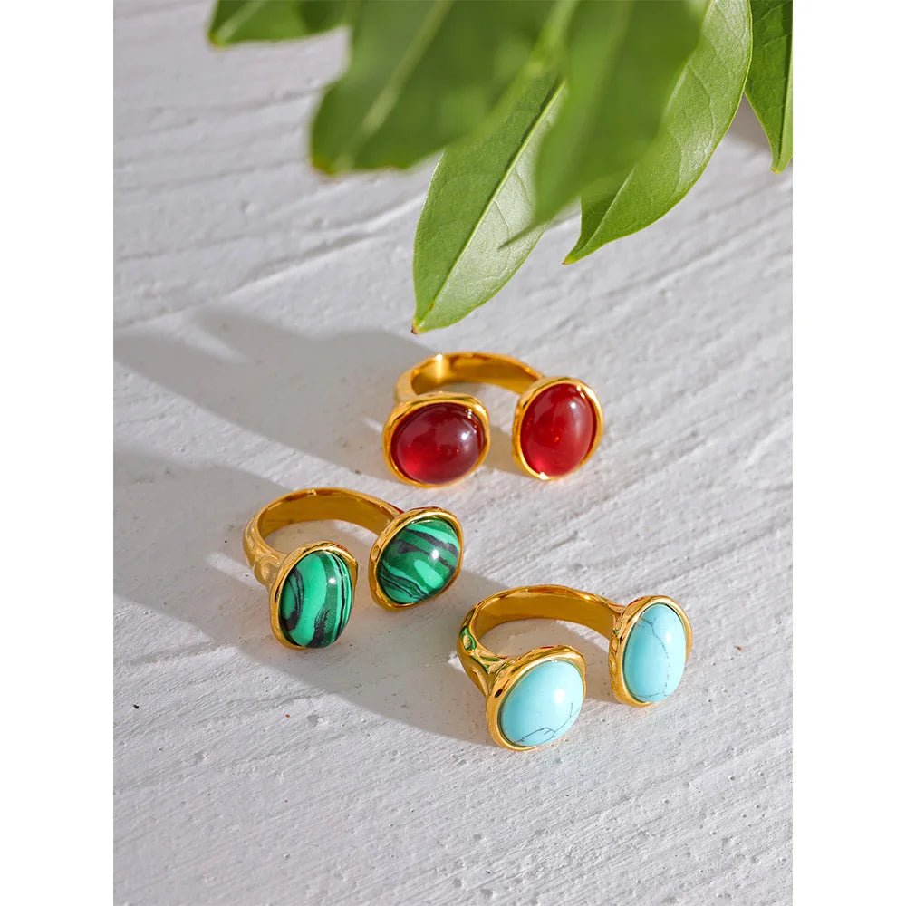 VAIGE Size 7 Vintage Natural Stone Geometric Big Ring with PVD Gold Plating and Red Agate/Malachite/Turquoise