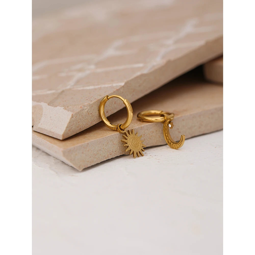 VAIGE Celestial Gold Plated Huggie Hoop Earrings with Star & Moon Design in Stainless Steel