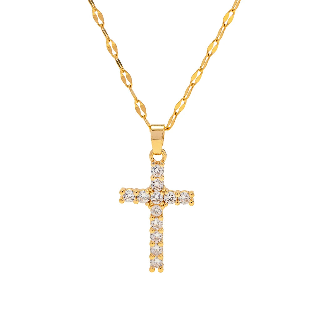 VAIGE Waterproof Stainless Steel 18K Gold Plated White Cubic Zirconia Cross Pendant Necklace - Trendy Twisted Singapore Chain Jewelry