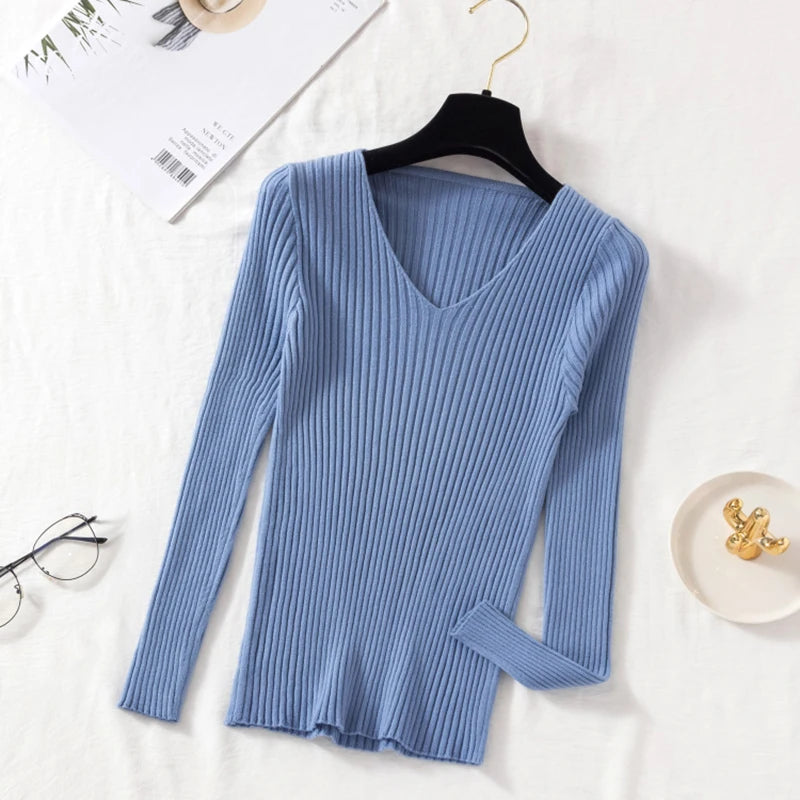 VAIGE Casual Knitted V Neck Pullover Sweater - Long Sleeve, Solid Jersey Top, High Stretch Cotton-Polyester Blend for Autumn/Winter