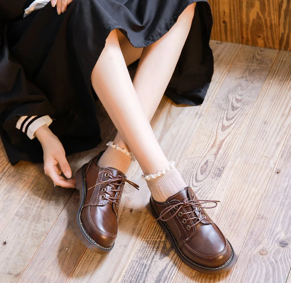 VAIGE Retro Brown Leather Oxfords for Women - Comfortable Round Toe Footwear with Lace-Up Closure and Low Square Heel