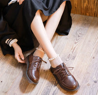 VAIGE Retro Brown Leather Oxfords for Women - Comfortable Round Toe Footwear with Lace-Up Closure and Low Square Heel