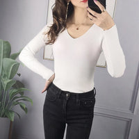 VAIGE Autumn Winter Solid Rib Knit V Neck Stripe Pullover Sweater Long Sleeve Casual Jersey Top