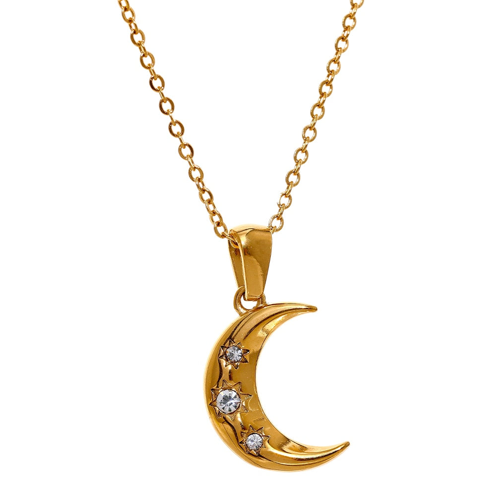 Crescent Moon Star Engraved Necklace