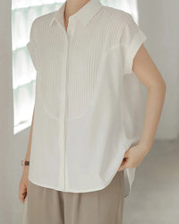 VAIGE Summer White Blouse with Flying Sleeves and Turn-Down Collar, Single-Breasted Button-Up, Casual Style, Polyester Material, Regular Fit