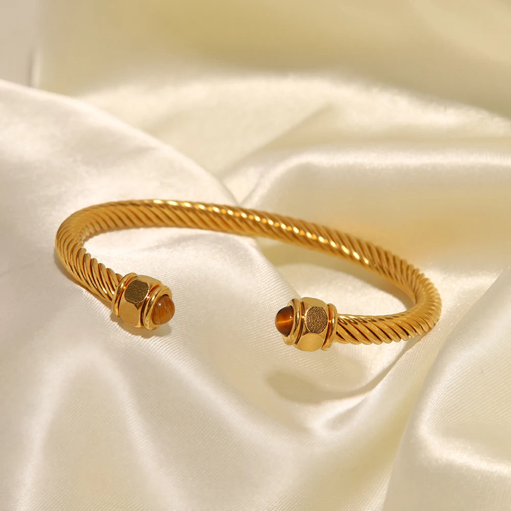 VAIGE Classic 18K Gold Plated Natural Stone Stainless Steel Cuff Bracelet for Fashion Enthusiasts