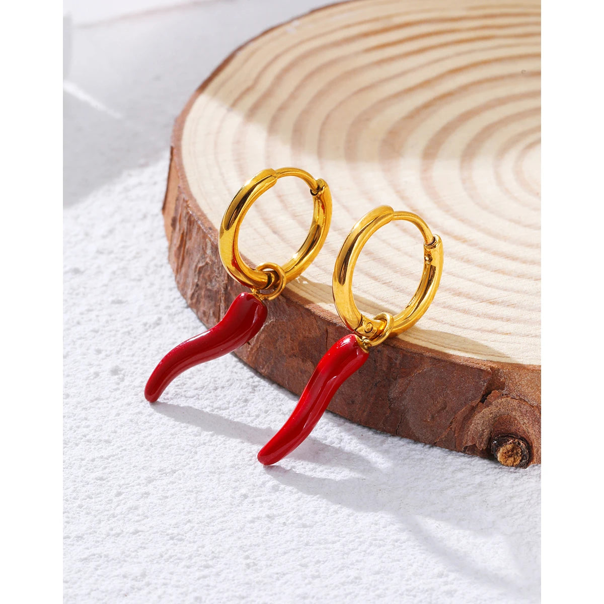 VAIGE Trendy Stainless Steel Hoop Earrings with Creative Enamel Red Chili Pepper Charm, 18K Gold Plated Fashion Jewelry