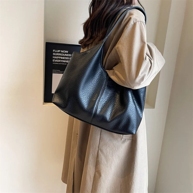 VAIGE Retro Leather Tote Bag with Large Capacity and Simple Solid Color Design, Soft Baguette Shoulder Bag