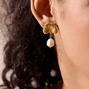 Gold Ginkgo Leaf Stainless Steel Natural Pearls Dangle Earrings