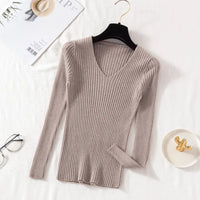 VAIGE Casual Knitted V Neck Pullover Sweater - Long Sleeve, Solid Jersey Top, High Stretch Cotton-Polyester Blend for Autumn/Winter