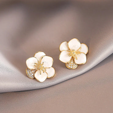 VAIGE Elegant White Enamel Flower Stud Earrings - Classic Fashion Jewelry with Copper Alloy for Party and Luxury Accessories