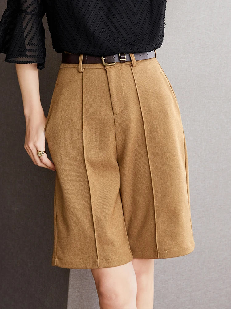 VAIGE High Waist Khaki Bermuda Shorts with Pockets, Elegant Wide Leg Design for Office Wear, Polyester Fabric, Regular Fit