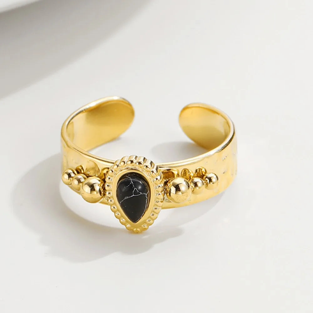 VAIGE Adjustable Black Natural Stone & Gold Stainless Steel Henley Ring