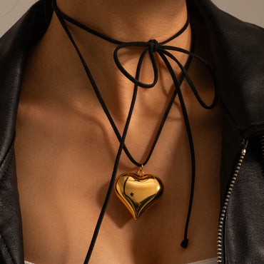 VAIGE Glossy Golden Stainless Steel Heart Pendant Necklace with Cashmere Rope Chain - Trendy Fashion Jewelry